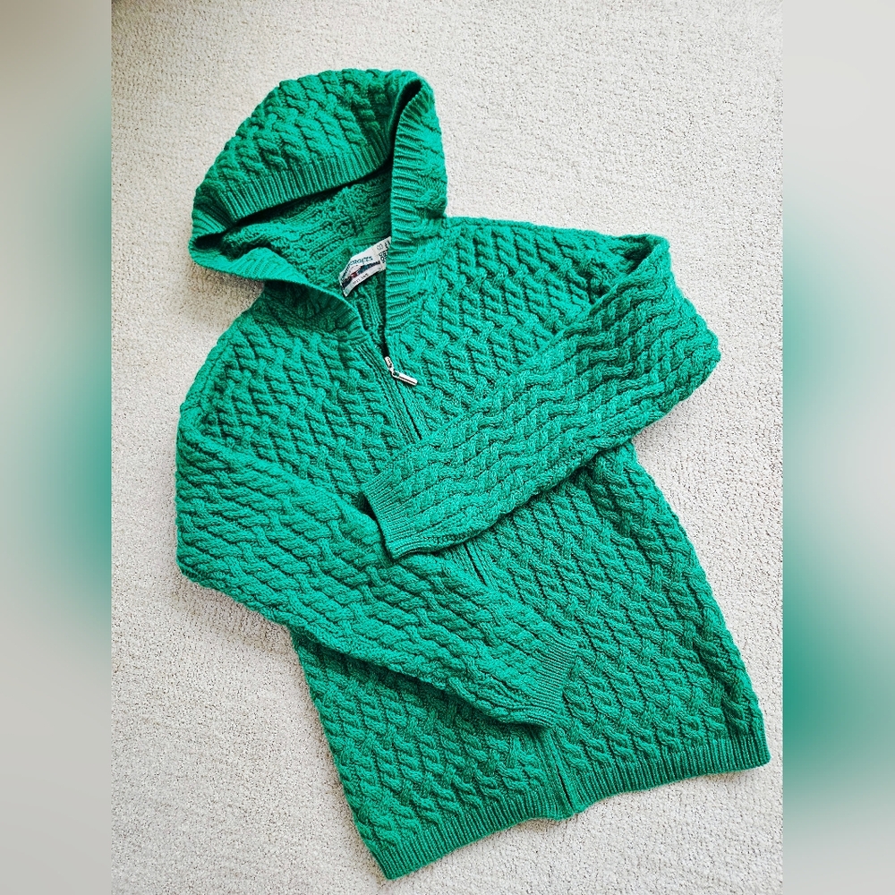 Vibrant Green Hooded Irish Knit Cardigan, Med-Large